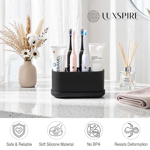 Luxspire Toothbrush Holders for Bathrooms, Silicone, 5 Slots, Black | Toothbrush Organizer with Suction Cup Tray, Toothbrush Holder with Drainage for Bathroom Countertop