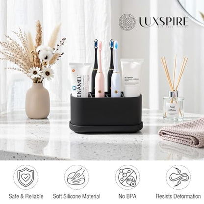 Luxspire Toothbrush Holders for Bathrooms, Silicone, 5 Slots, Black | Toothbrush Organizer with Suction Cup Tray, Toothbrush Holder with Drainage for Bathroom Countertop