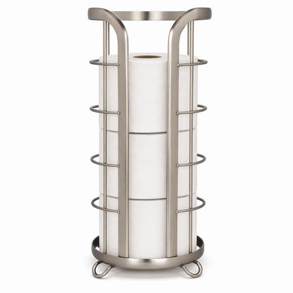 BROOKSTONE Toilet Paper Holder Stand Reserve - Free Standing Toilet Paper Stand with Storage that Holds Mega Rolls, Standing Bathroom Tissue Organizer, Bathroom Decor - Modern Storage Holder, Nickel