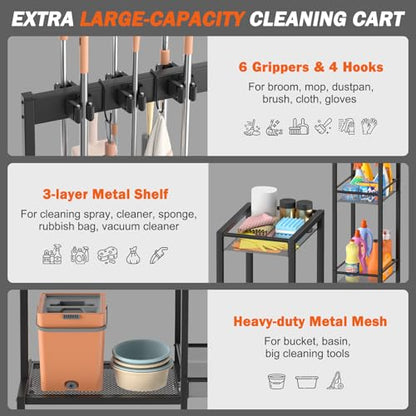 Broom Holder with Cleaning Supplies Organizer, Broom Closet Storage Cabinet with Cleaning Caddy, Cleaning Cart with Mop Hanger Gripper Rack Hooks,Janitorial Cart,Utility Carts Household Essentials