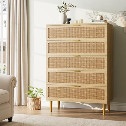 GarveeHome Rattan 5 Drawer Dressers for Bedroom, Deep Drawer, Natural | Tall Dresser, Wide Top, for Living Room, Hallway, Kids Room, Large Chest of Drawers for Closet, Long Wooden Dresser