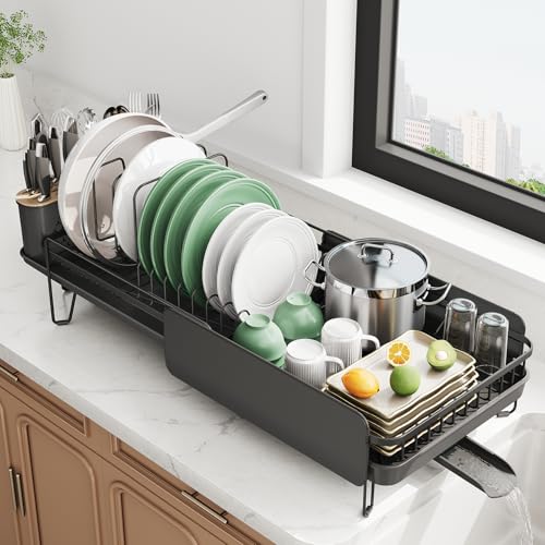 Large Expandable Dish Drying Rack for Kitchen Counter, 19.3-29.4 in, Black | Family Size Capacity, Adjustable Dividers for Pan, Lid & Cutting Board, Stainless Steel, Rotating Spout, Utensil Holder