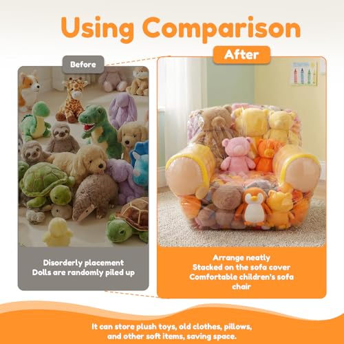 Clear Stuffed Animal Storage Chair Cover for Kids, 180L Large Thickened PVC Bean Bag Cover with Zipper, Waterproof Plush Storage Organizer and Seat, Beanbag Chair for Playroom