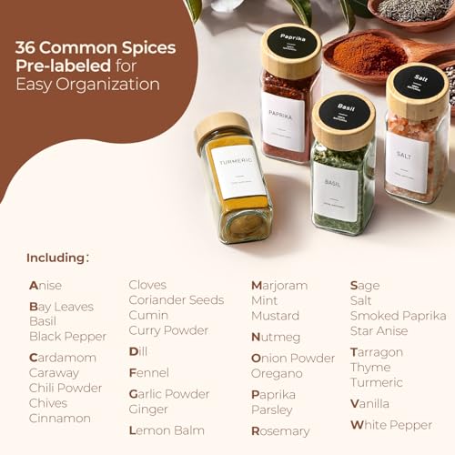 ComSaf Glass Spice Jars with with Labels 4 oz 24 Pack Bamboo Lids Bulk Set