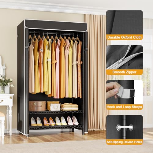 H5C Clothes Rack with Cover, Covered Clothing Rack Heavy Duty | Garment Rack with Shelves, 3-Tier Portable Closets for Hanging Clothes, Max Load 360LBS, Black Closet Racks with Black Cover