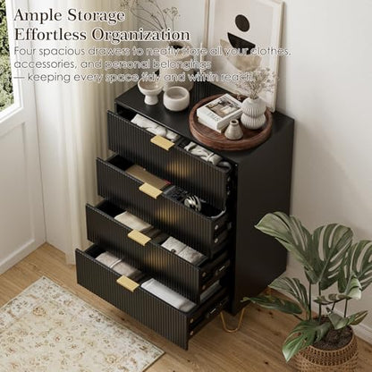 4 Drawer Dresser, Drawer Chest, Tall Storage Chest Cabinet Organizer Unit with Metal Legs, Small Dresser for Bedroom, Living Room, Closet, Hallway Black Stripe