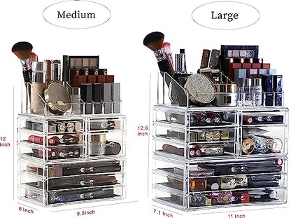 Cq Acrylic 3 Pack Clear Make Up Organizers - Stackable 8 Drawer Organizer for Vanity, Desk, Jewelry, Beauty & Skincare Products