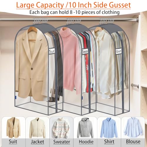 Clear Garment Bags for Hanging Clothes 10" Side Gusset, Suit Bags for Closet Storage, Suit Cover for Shirts Coats Dresses (24"X42"X10" 3Pack)