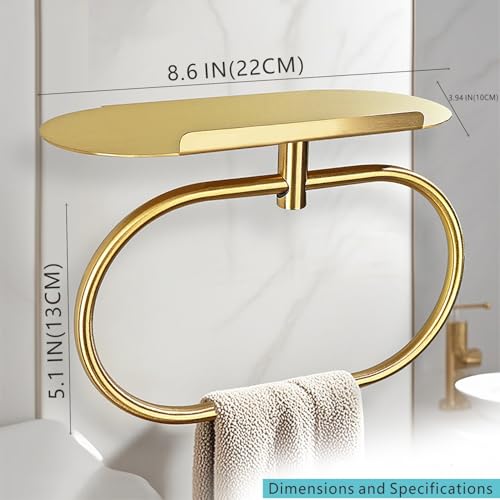 Towel Ring with Shelf, Heavy Duty Stainless Steel Bathroom Hardware, Adhesive No-Drill or Drill Mount Wall Mounted Towel Holder for Bathroom and Kitchen (Gold)