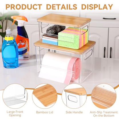Trash Bag Holder Dispenser 2 Pack, Under Sink Organizer for Pantry, Kitchen | Acrylic Garbage Bag Dispenser, with Bamboo Top & Handles, Extra Large, Keep Onions and Potatoes Neat, Clear, Stackable, XL+S