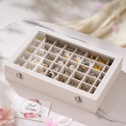 48 Grid Earring Organizer and Storage: Velvet Jewelry Tray with Lid, Jewelry Box for Studs, Earrings, Rings, Necklaces, Dresser & Vanity, Earrings Case for Girls, Women, 13"x8.6"x2.4", Beige