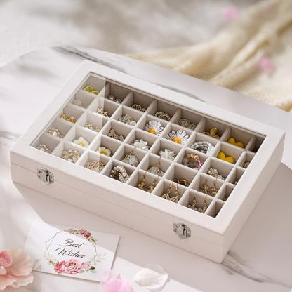48 Grid Earring Organizer and Storage: Velvet Jewelry Tray with Lid, Jewelry Box for Studs, Earrings, Rings, Necklaces, Dresser & Vanity, Earrings Case for Girls, Women, 13"x8.6"x2.4", Beige