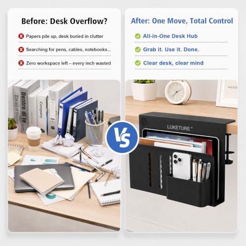 LUKETURE Desk Side Storage, 2 Tier Under Desk Laptop Mount with Pen Slot | Sturdy Steel Double Tier Strong, Magnetic Pen Holder, No Drill Clamp for Standing Desk Organizer, Fits 0.3-2.8" (White)