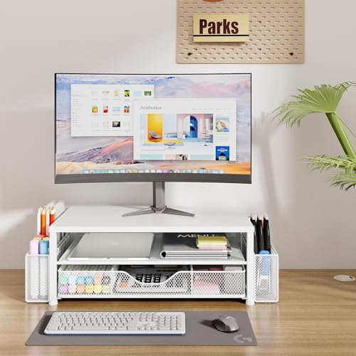 Desk Organizer and Accessories, 2-Tier Computer Monitor Stand Riser with Drawer and 2 Pen Holders, Laptop Stand, Office Desk Accessories for Office Supplies, 1 Pack, White