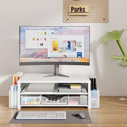 Desk Organizer and Accessories, 2-Tier Computer Monitor Stand Riser with Drawer and 2 Pen Holders, Laptop Stand, Office Desk Accessories for Office Supplies, 1 Pack, White