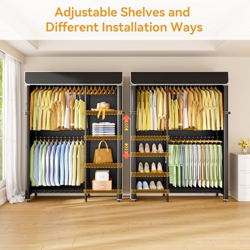 F2C Clothes Rack with Cover, Black Clothing Racks Heavy Duty | Garment Rack with Shelves for Hanging Clothes, Metal Portable Closet System, 47.2"W x 16.5"D x 78.3"H, Load 630lbs