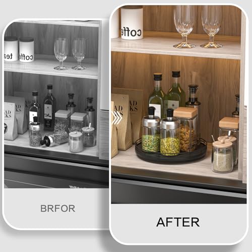 Oroyutor 10-Inch Oak Lazy Susan Countertop Organizer with Black Metal Rail | Rotating oak tray organizes spices, toiletries and decor on kitchen counters, bathroom vanities, dining and coffee tables.