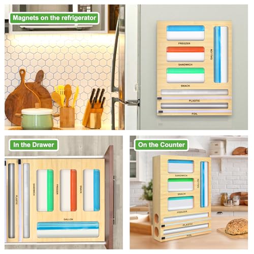 Magnetic Food Bag Storage Organizer for Drawer or Refrigerator | Ziplock Bag Organizer, Compatible with Gallon,Quart, Sandwich, Snack & Variety Size Bags, Bamboo, 12.7"W x 16.6"H x 4"D