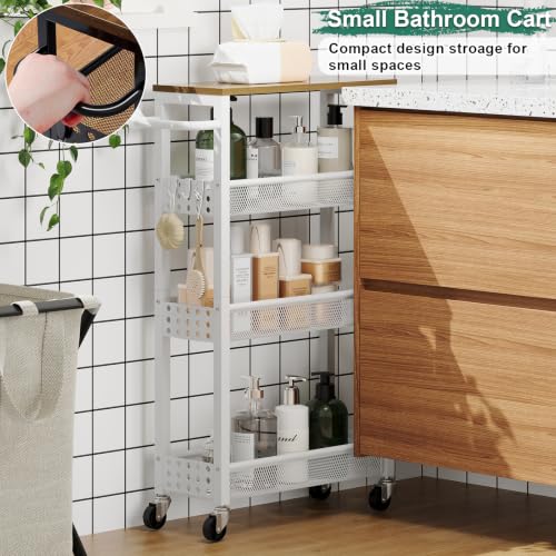 Utility Slim Rolling Cart with Table Top, Narrow Laundry Room Organization and Storage Shelves for Between Washer and Dryer Gap, White Skinny Bathroom Shelf on Wheels,Small Detergent Organizer Cabinet
