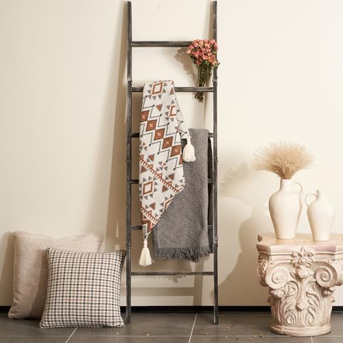 Blanket Ladder 6-Tier Washed Black, Rustic Towel & Quilt Display Rack | rustic black ladder for living room, bedroom or bathroom. Holds quilts, towels & blankets. Sturdy 6-tier wood. Easy assembly