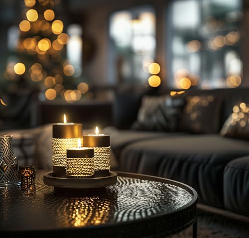 IYARA CRAFT Candleholder Set with Tray, Set of 3 Rustic Black Wooden Tealight Candle Holders with Natural Rope Accent, Coffee Table Centerpiece, Farmhouse Home Decor, Housewarming