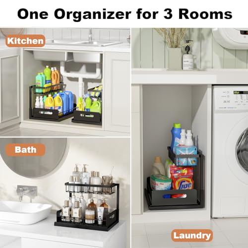 Under Sink Organizer, L-Shaped Pull Out Cabinet Organizer, Kitchen | 2 Tier Metal Slide Out Shelf for Kitchen, Bathroom, Laundry, and Utility Cabinet Storage for Deep Cabinets, Black, 1 Pack