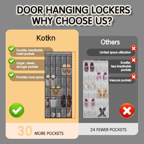Kotkn Over the Door Shoe Organizer with 30 Breathable Mesh Pockets - Large Capacity Closet Storage for Men & Women, Hanging Shoe Rack Organizer (Gray)