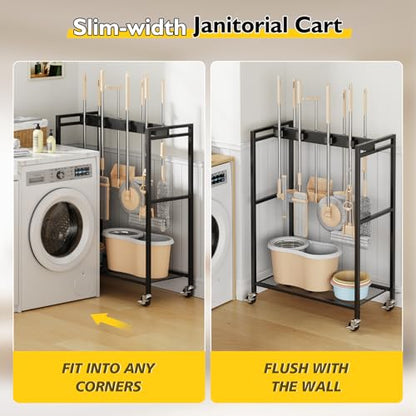 BORISI Broom And Mop Holder, Movable Broom Closet Storage Cabinet, Cleaning Cart with Mop Hanger Gripper Rack, Janitorial Cart, Utility Carts, Laundry Room Organization Home Essentials