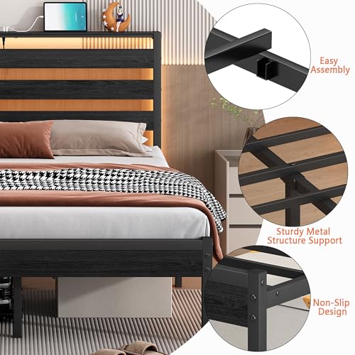 CLIBFENG 14 Inch Classic Metal Platform Bed Frame-Full Size Bed Frame with Headboard,Steel Slats Support-LED Bed Frame with USB Charging Station,Under Bed Storage,No Box Spring Needed,Noise Free