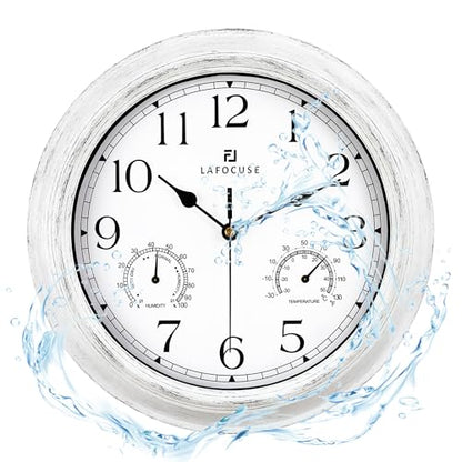 Lafocuse 12 Inch White Outdoor Wall Clocks with Temperature and Humidity | Waterproof Outdoor Clocks with Thermometer and Hygrometer Combo for Patio Porch Pool Outside Indoor Garage Bathroom Kitchen