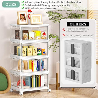 Kmiectse Clear Storage Bins with Lids - 4 Tier 23qt Plastic Stackable Bins | Closet Organizers Box for Bedroom, Living Room, 23 QT Folding Box with Magnetic door