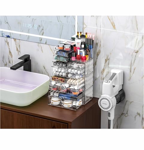 Cq acrylic Clear Make up Organizers for Vanity,Skincare Organizer With 13 Drawers for Dresser,Plastic Cute Desk Accessories Organization and Bathroom Organizers Storage Case Box for Beauty,Skin Care