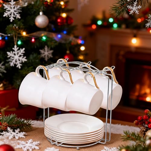 Tea Cups and Saucers Holder,Metal Tea Cups Coffee Cups Rack,Organizer for Coffee Cup Spoon and Saucers (Silver)