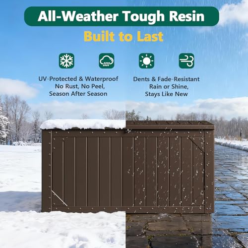 Outdoor Storage Box, 98 Gallon Deck Box, Outdoor Storage Bench, Waterproof Resin Storage Bench with Lockable Lid, Patio Furniture Cushions & Garden Tools Storage, UV Resistant (Brown)
