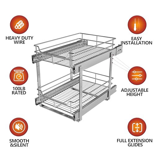 8" W x 22" D 2-Tier Narrow Cabinet Pull Out Shelve... (2 Tier Chrome | Metal)