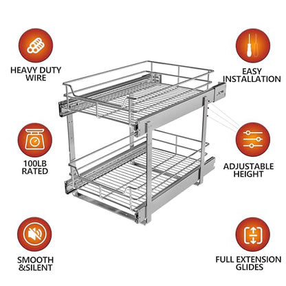 8" W x 22" D 2-Tier Narrow Cabinet Pull Out Shelve... (2 Tier Chrome | Metal)