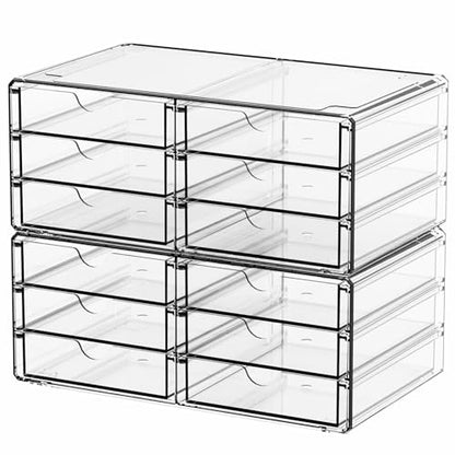 2 Pack Acrylic Storage Drawers With 12 Small Drawer,Stackable Office Cabinet Organizer and Makeup Organizer,Clear Plastic Drawers for Craft Supply,Pen,Stationary,Accessory,Makeup,Desk Organizer