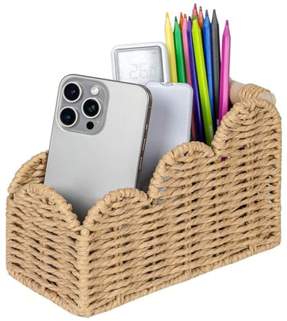 CubesLand Bedside Table Desk Organizer Caddy, Remote Pen&Pencil Holder Cup | Makeup Brush Holder w/Scalloped Perfect for Home, Office Desk, Living Room Table Decor, 3 Slots Beige