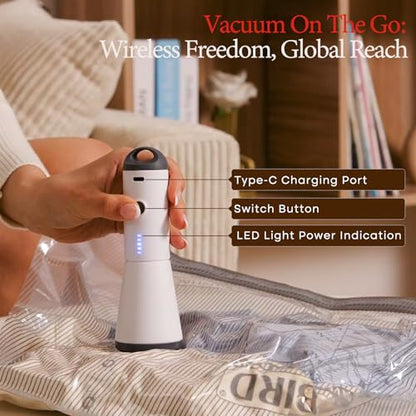Vacbird Travel Vacuum Bags with Rechargeable Pump, Carry-On Space Saver | See Contents Easily with Transparent Bags, 1500mAh Pump Compresses 90+ Bags, Carry-On Size for Easy Travel Packing