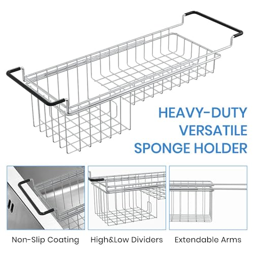 TreeLen Over The Kitchen Sink Caddy Sponge Holder Organizer Drying Rack Expandable for Sponge Brush Soap 13.8" to 20.8", Stainless Steel