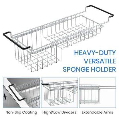 TreeLen Over The Kitchen Sink Caddy Sponge Holder Organizer Drying Rack Expandable for Sponge Brush Soap 13.8" to 20.8", Stainless Steel