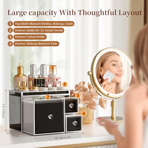 CoralHouse Face Towel Holder with 3 Drawers for Bathroom, Smoky Gray | Smoky gray tempered glass, 3 drawers and raised-edge top for disposable face towels, cotton pads, swabs and skincare