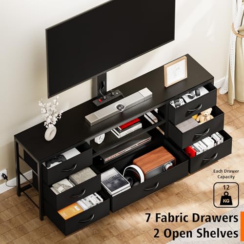 TV Stand with Mount, Entertainment Center for 55 60 65 70 inch TVs | TV Console with Power Outlets & Led Lights, 7 Fabric Drawers, For Living Room, Bedroom, Black Dresser with Open Storage