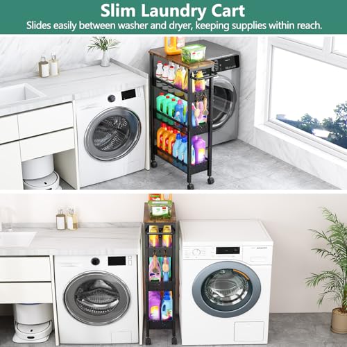 Vivihomety 4-Tier Slim Utility Rolling Laundry Cart with Wheels, Metal | Narrow 7.1" wide, Lockable wheels, wood top panel, metal frame, with handle, for laundry, bathroom, kitchen, black