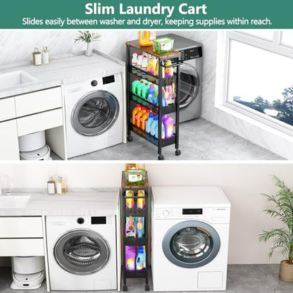Vivihomety 4-Tier Slim Utility Rolling Laundry Cart with Wheels, Metal | Narrow 7.1" wide, Lockable wheels, wood top panel, metal frame, with handle, for laundry, bathroom, kitchen, black