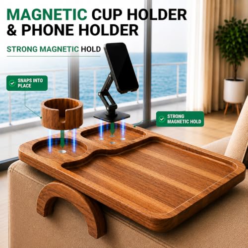 Couch Armrest Table with Cup Holder (15.31" x 9.65") - Acacia Sofa Arm Tray Organizer with Magnetic & 360° Rotating Phone Holder - Fits Couch Arm for Drinks, Snacks & Remote Control