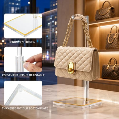 4Pcs Acrylic Purse Display Stands, 14"-24" Adjustable Height Handbag Holder with Anti-Slip Gold Trim Base, Standing Hooks for Necklace Scarf Medal Pocket Watch, Elegant Clear Rack for Closet Retail Boutique Counter