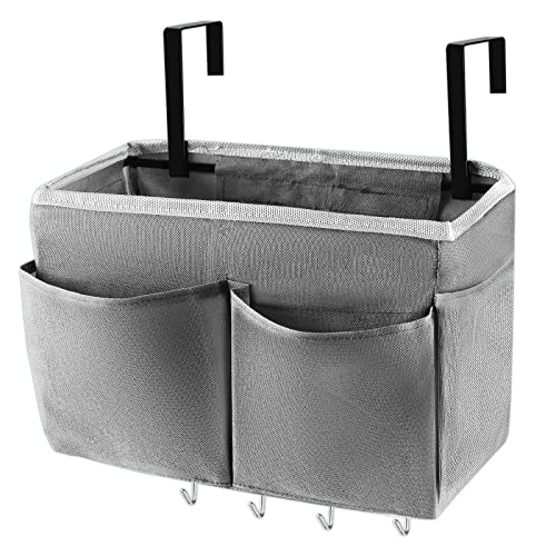Bedside Caddy Organizer 5 Pockets and 4 Hooks for Bunk Bed Grey | Hanging Storage Bag for Headboards