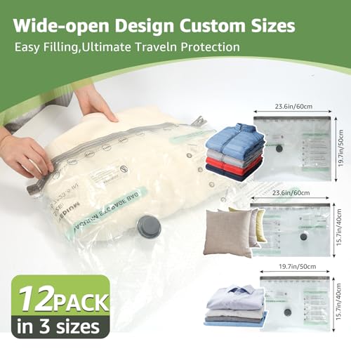 9+3 Packs Vacuum Bags for Travel with Rechargeable air Pump, 3 Sizes Vacuum Seal Bags for Clothing, Space-Saving Compression Storage Bags for Travel & Closet Organization