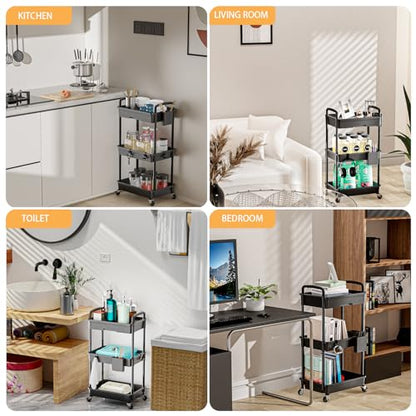 3 Tier Rolling Utility Cart with Drawer,REBECAT Utility Cart Made of Multifunctional Storage Organizer Tool for Kitchen,Bathroom,Living Room,Office(Black)